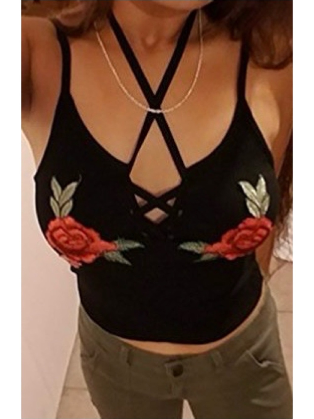Black ribbed Floral Embroidered Strappy Crop Top